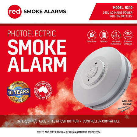 Red Smoke Alarm 240v Hardwired Smoke Alarm with 9v battery back-up - The Smoke Alarm Store