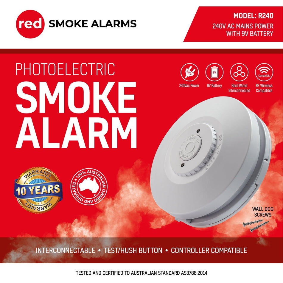 Red Smoke Alarm 240v Hardwired Smoke Alarm with 9v battery back-up - The Smoke Alarm Store