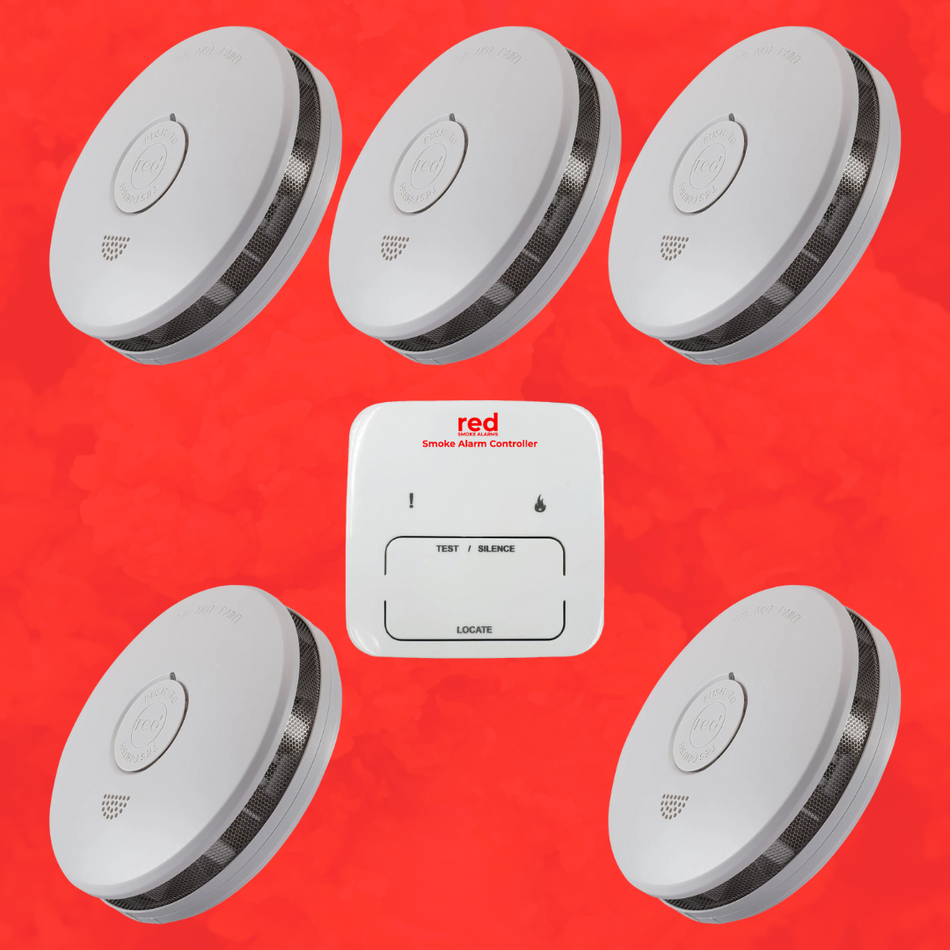 Red Professional Smoke Alarm Photoelectric Interconnected 5 Pack with Remote Control