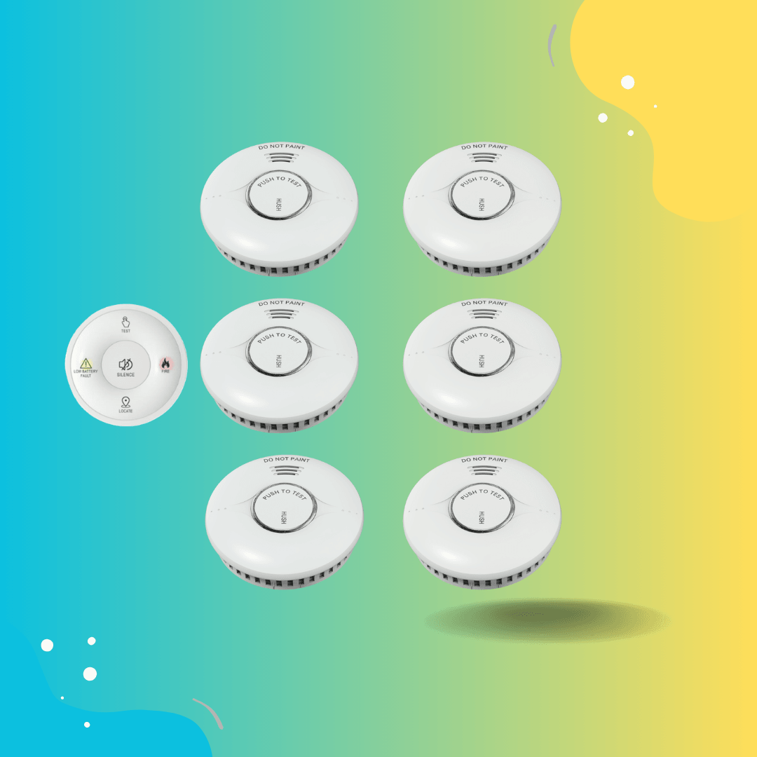 Emerald Photoelectric Wireless Interconnected Smoke Alarm, 6 Pack with Bonus Remote Control - The Smoke Alarm Store