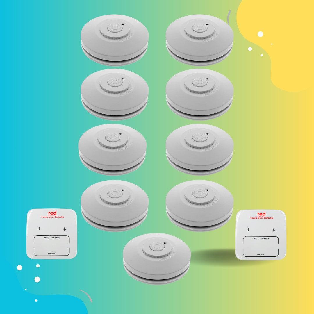 Red Smoke Alarms 10 Year Lithium Battery RF Wireless Interconnected Photoelectric Smoke Alarm 9 Pack with 2 x Bonus Remote Control - The Smoke Alarm Store