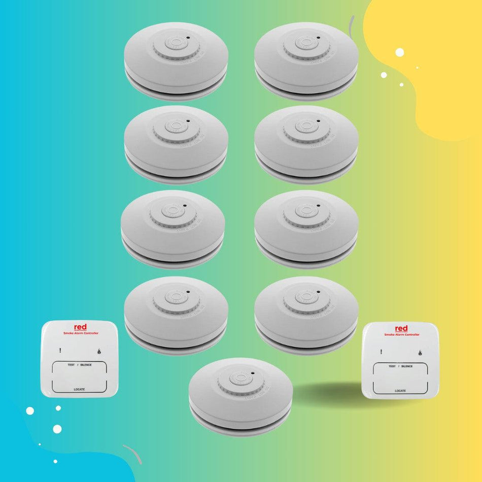 Red Smoke Alarms 10 Year Lithium Battery RF Wireless Interconnected Photoelectric Smoke Alarm 9 Pack with 2 x Bonus Remote Control - The Smoke Alarm Store