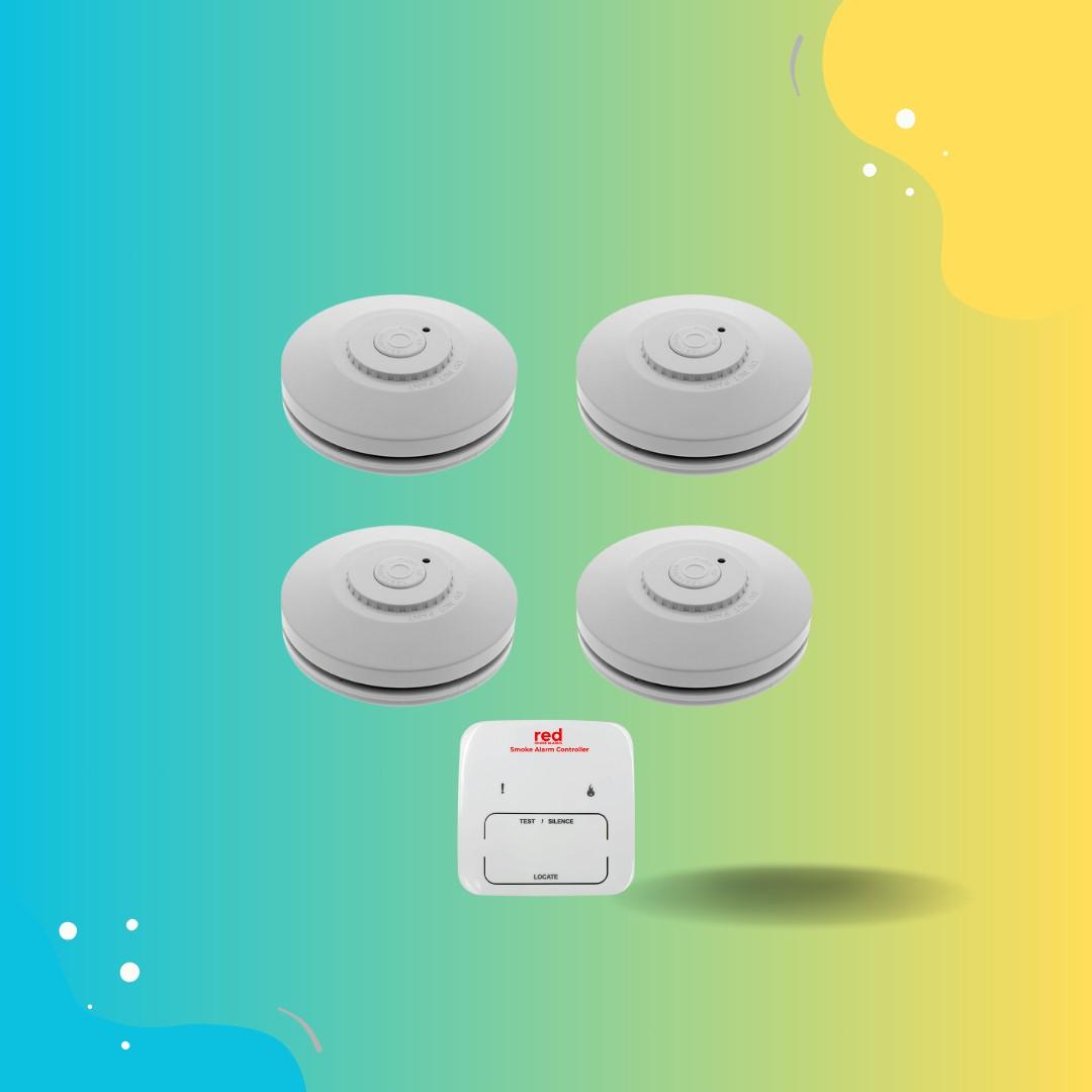 Red Smoke Alarms Interconnected Photoelectric Smoke Alarm 4 Pack with Bonus Remote Control - The Smoke Alarm Store