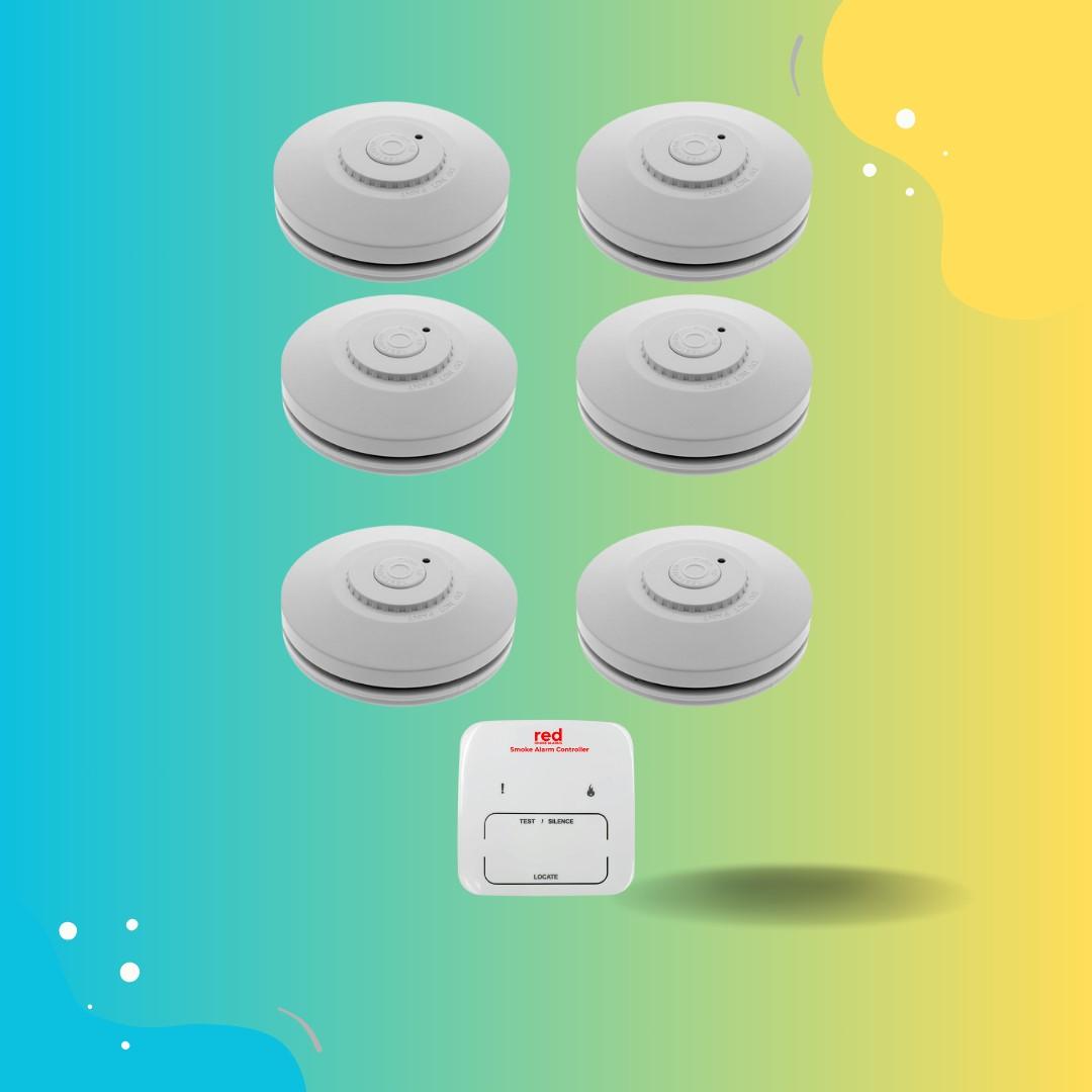 Red Smoke Alarms Wireless Interconnected Photoelectric Smoke Alarm 6 Pack with Bonus Remote Control - The Smoke Alarm Store