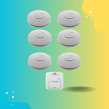 Red Smoke Alarms Wireless Interconnected Photoelectric Smoke Alarm 6 Pack with Bonus Remote Control - The Smoke Alarm Store