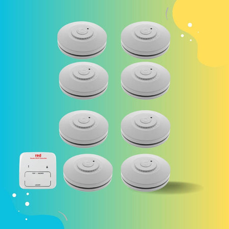 Red Smoke Alarms Wireless Interconnected Photoelectric Smoke Alarm 8 Pack with Bonus Remote Control - The Smoke Alarm Store